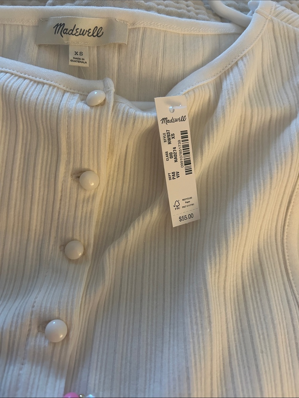 Madewell Cream Ribbed Button-Front Tank Top - Picture 2 of 2